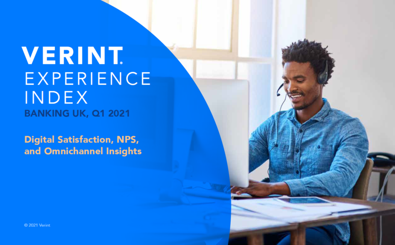 Report Cover: Verint Experience Index: Retail CX. Company Satisfaction, NPS, and Omnichannel Insights including COVID-19 impacts and recommendations. Woman smiling with phone and credit card, having just finished shopping at a retail location.