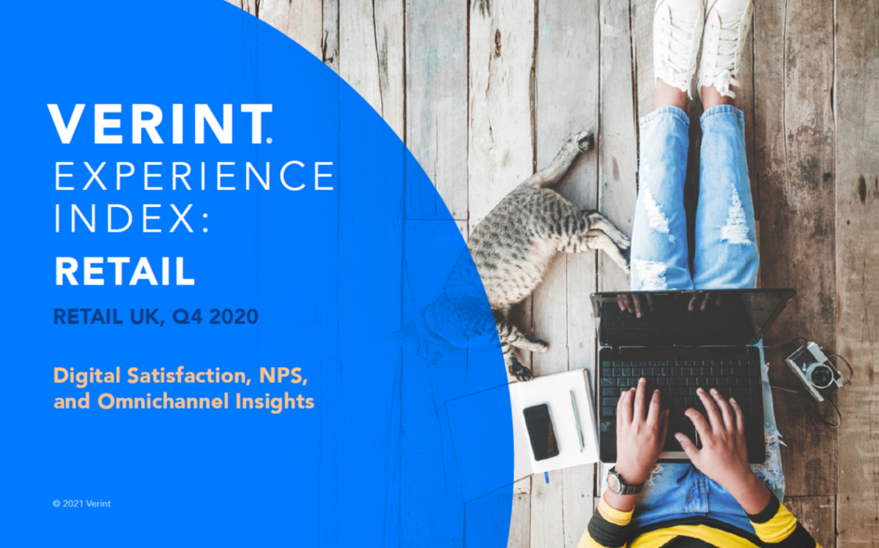 Report Cover: Verint Experience Index: Retail CX. Company Satisfaction, NPS, and Omnichannel Insights including COVID-19 impacts and recommendations. Woman smiling with phone and credit card, having just finished shopping at a retail location.